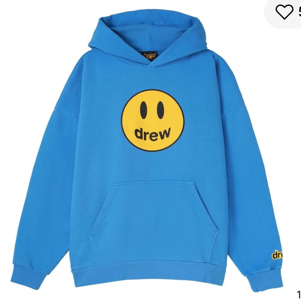 drew house Blue Crewneck Hoodie with Yellow Smiley Logo LARGE